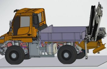 Wechselbarer Heckanbaukran am Unimog technische Darstellung