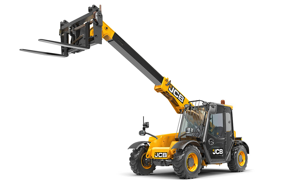 JCB 525-60 Hi Viz freigestellt, Hubarm ist ausgefahren, Studiofoto